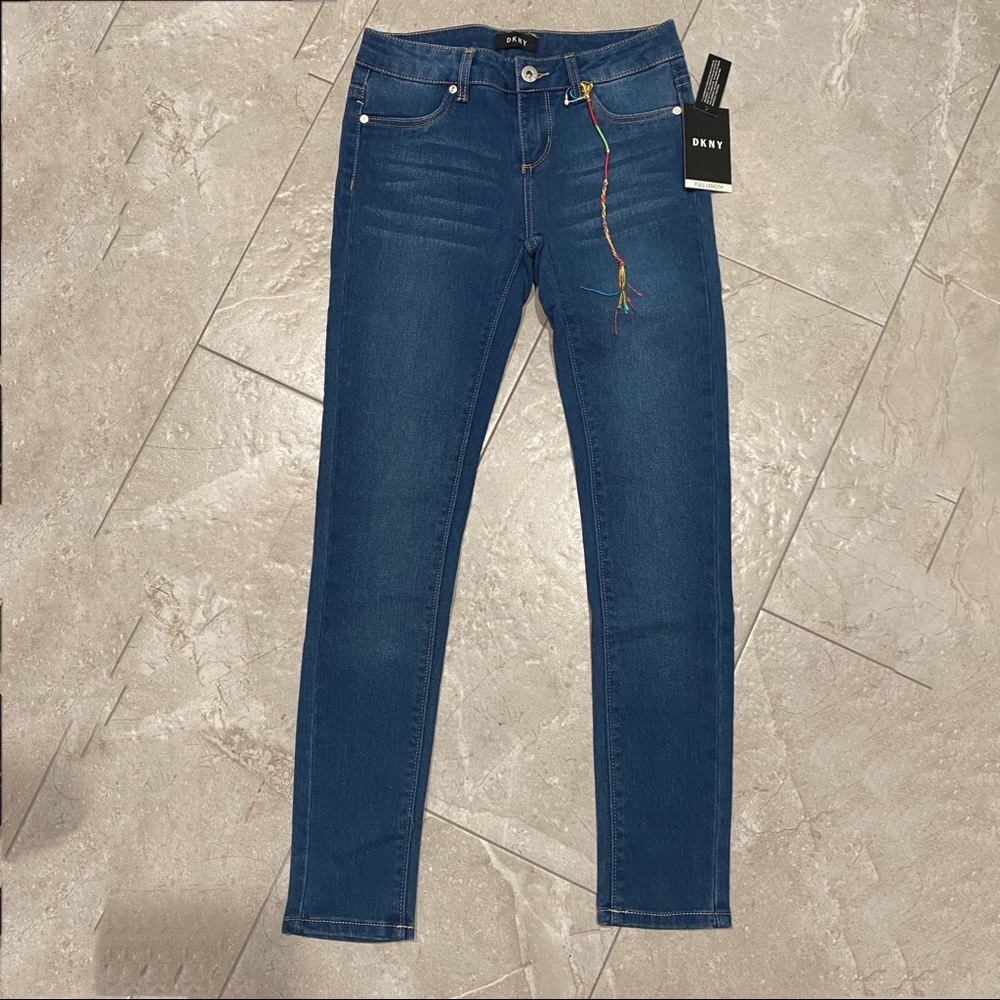 NWT Kids DKNY Girls Dark Wash Blue Skinny Denim Jeans Size 14 XL